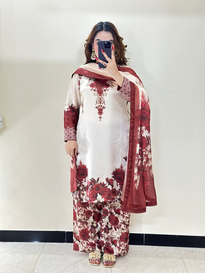 Digital Print Silk 3pcs Stitched Maroon