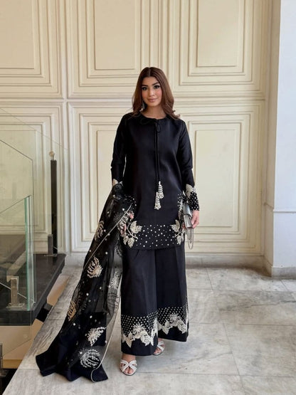 sf 385: 3-Piece Stitched Sequence Embroidery Suit