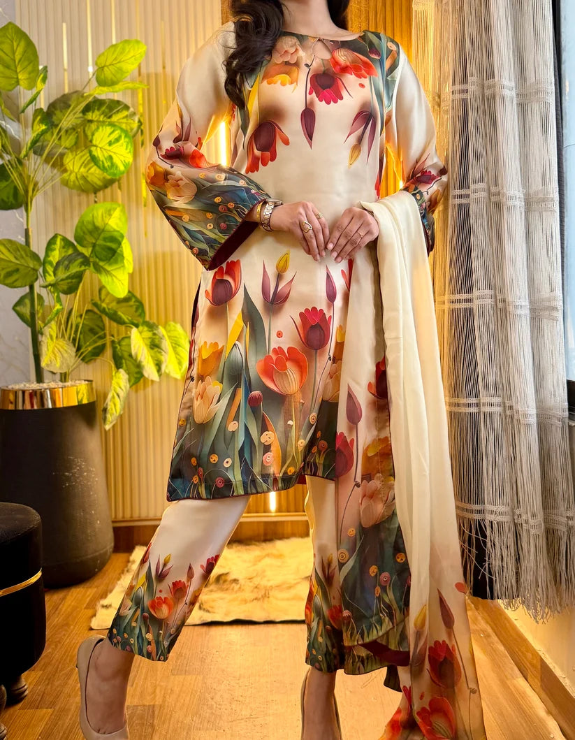 Digital Print Silk 3pcs Stitched (3D FLOWERS)