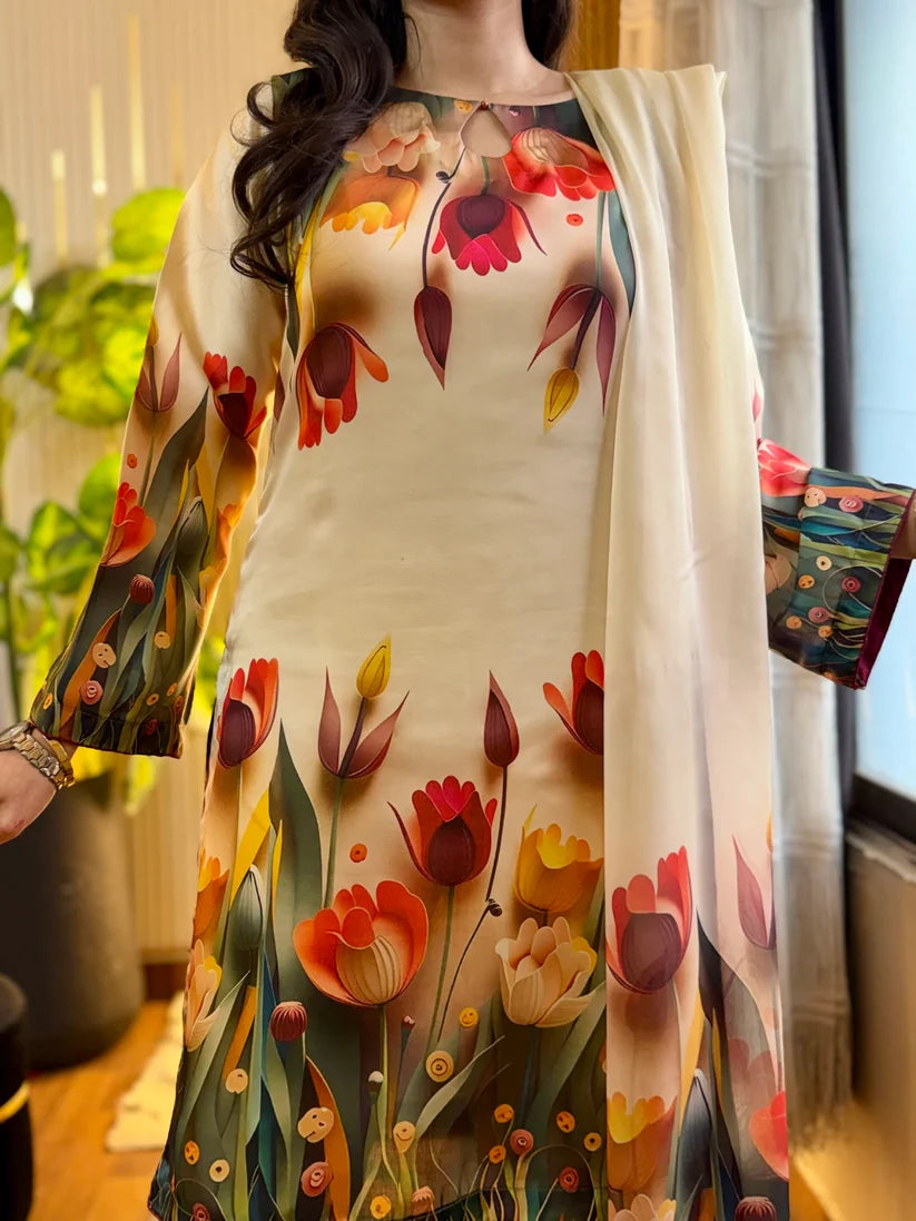Digital Print Silk 3pcs Stitched (3D FLOWERS)