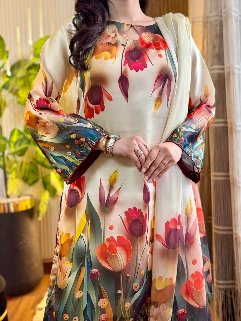 Digital Print Silk 3pcs Stitched (3D FLOWERS)