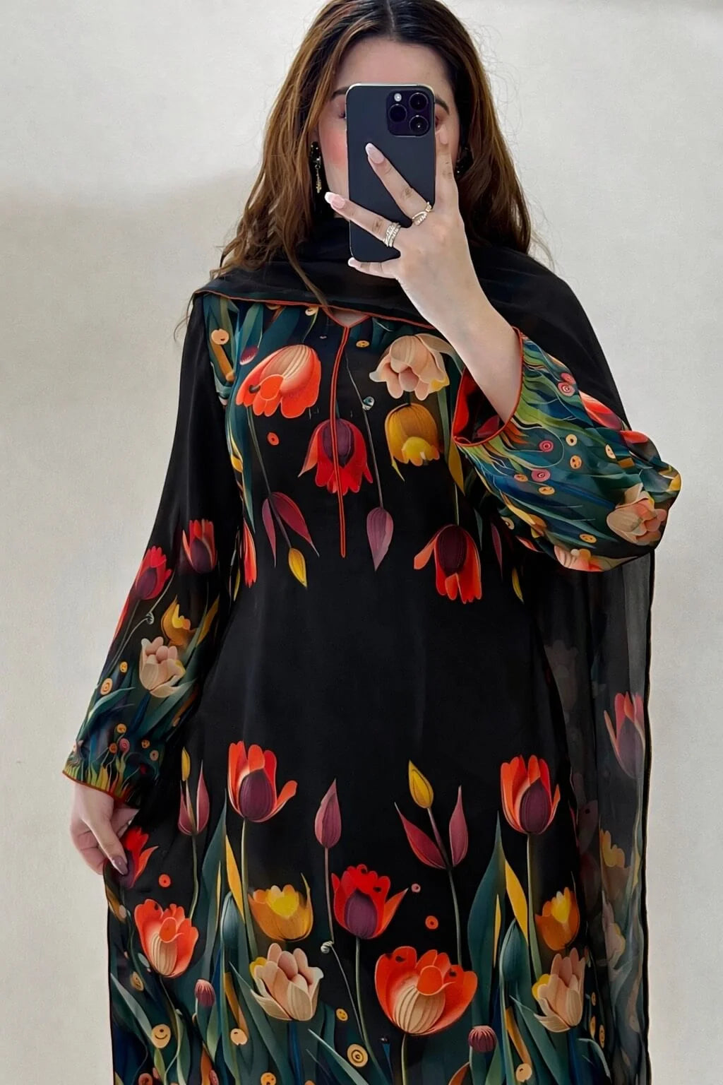 Digital Print Silk 3pcs Stitched Black (3D FLOWERS)