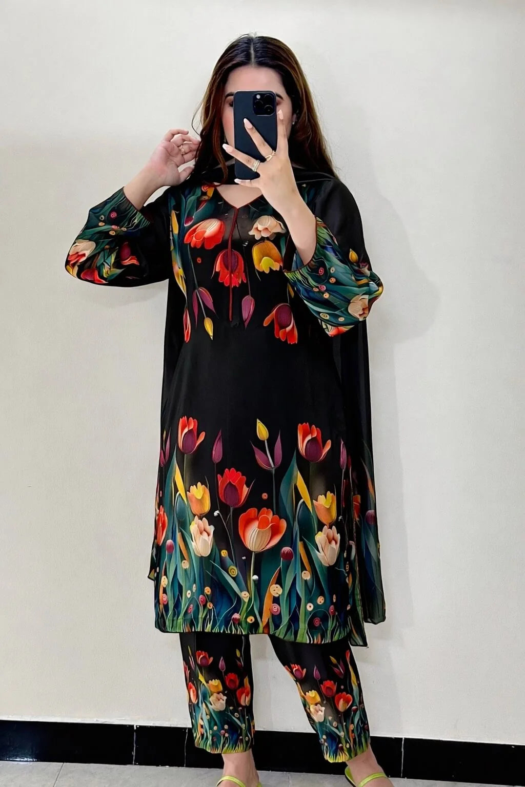Digital Print Silk 3pcs Stitched Black (3D FLOWERS)