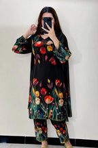 Digital Print Silk 3pcs Stitched Black (3D FLOWERS)
